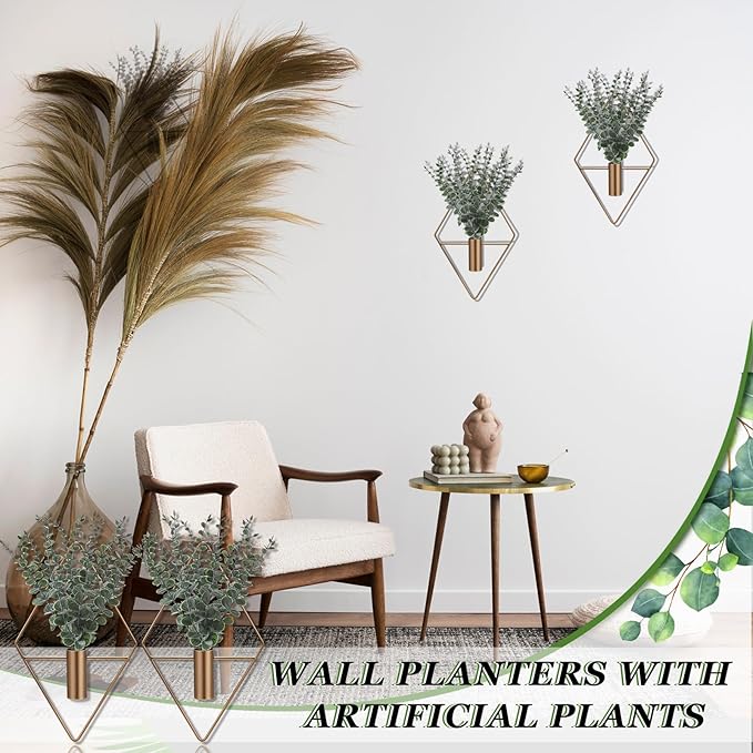 Jexine 8 Pcs Hanging Planters with Artificial Eucalyptus Metal Hanging Vase Indoor Plants Holder Modern Geometric Boho Bathroom Wall Decor for Living Room Home Office (Eucalyptus,Bronze)