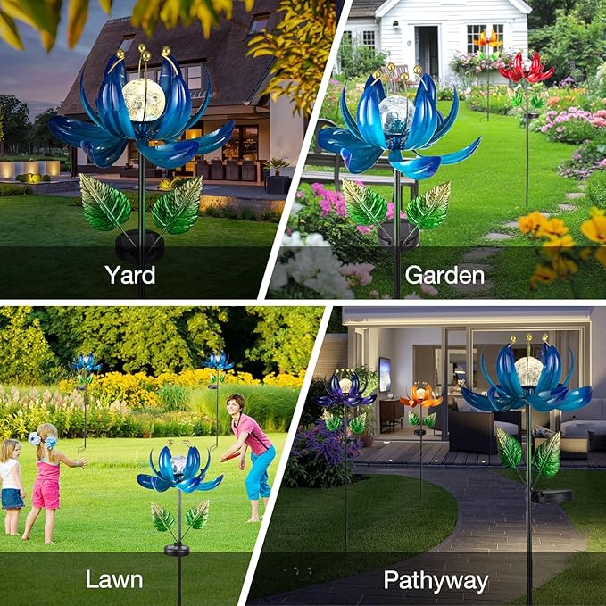 Solar Garden Lights Metal Flower Decor, Colorful Lotus Pathway Spinning Windmill with LED Cracked Crystal Ball Outdoor Decorative Stake Lighting Waterproof Flower Sculpture for Patio Yard