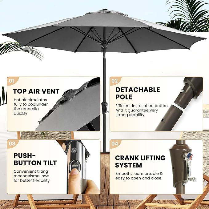 Ayge 9FT Large Outdoor Patio Umbrella Market Table Umbrella-UV Resistant, Easy Push Button Tilt and Crank, 8 Sturdy Fiberglass Ribs Heavy-Duty Pool Umbrella for Deck, Backyard,Garden,Grey