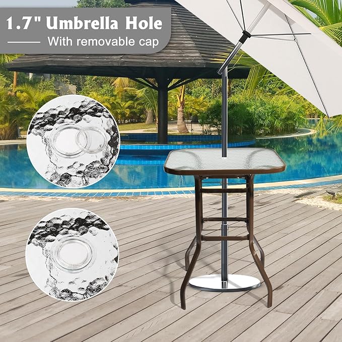 VINGLI Outdoor Bar Table with Umbrella Hole, Metal Patio Bar Height Pub Table for Patio High Top (Brown)