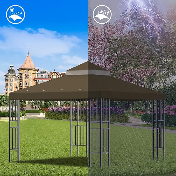 Sumfaller 10x10 FT Gazebo Replacement Canopy Top Cover Double Tiered Canopy Top Cover for Outdoor BBQ Roof Cover Grill Shelter (Dark Brown)