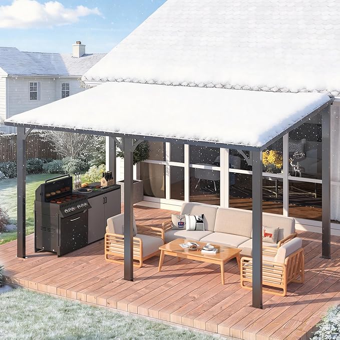 AECOJOY 14' x 8' Outdoor Hardtop Metal Gazebo for Patio, Large Lean to 8x14 Galvanized Steel Wall Mounted Pergolas and Grill Gazebos Clearance, Patio Roof Heavy Duty Awnings for Backyard, Decks