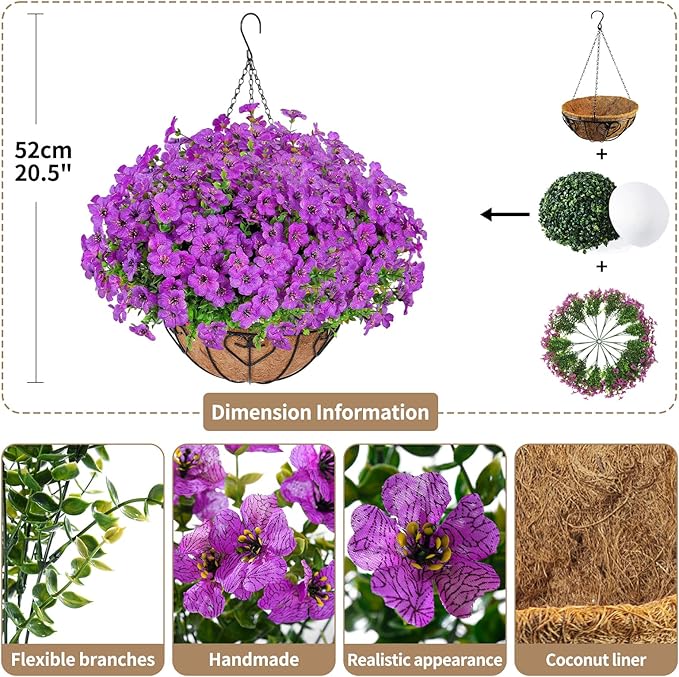 Artificial Hanging Flower for Outdoors, Fake Hanging Basket for Outside,1 Hanging Basket with 13 Pcs Faux Silk Flowers for Porch, Balcony and Patio Decor(Purple)