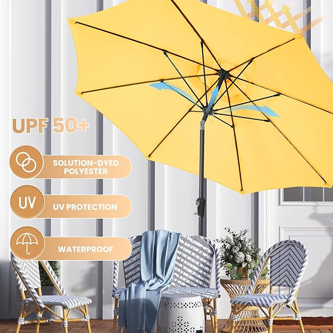 Ayge 9FT Large Outdoor Patio Umbrella Market Table Umbrella-UV Resistant, Easy Push Button Tilt and Crank, 8 Sturdy Fiberglass Ribs Heavy-Duty Pool Umbrella for Deck, Backyard,Garden,Yellow