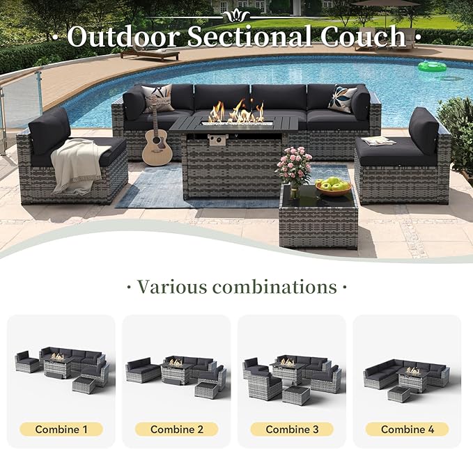 Aoxun 8 Piece Patio Furniture Set with 44” Fire Pit Table Wicker Rattan Outdoor Sectional Sofa Set with Coffee Table and Thickened Cushions, Black (Waterproof Cover Included)