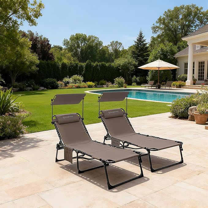 KingCamp Tanning Chair with Face Hole, Lounge Chairs Outdoor Folding Comfy Adjustable 5-Position Foldable Chaise Chaser with Canopy Shade for Outside Beach Patio Sun Bathing, Beige