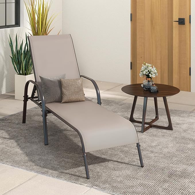 Giantex Patio Lounge Chair, Outdoor Chaise Lounge with 5 Adjustable Backrest, Sturdy Metal Frame, Sunbathing Recliner, Tanning Chairs for Outside, Beach, Yard, Balcony, Poolside, Brown