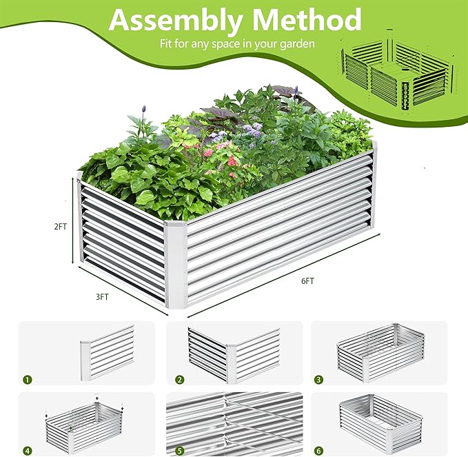 6x3x2FT Galvanized Raised Garden Bed,Galvanized Planter Boxes Outdoor, Large Metal Raised Garden Beds for Vegetables-Silver