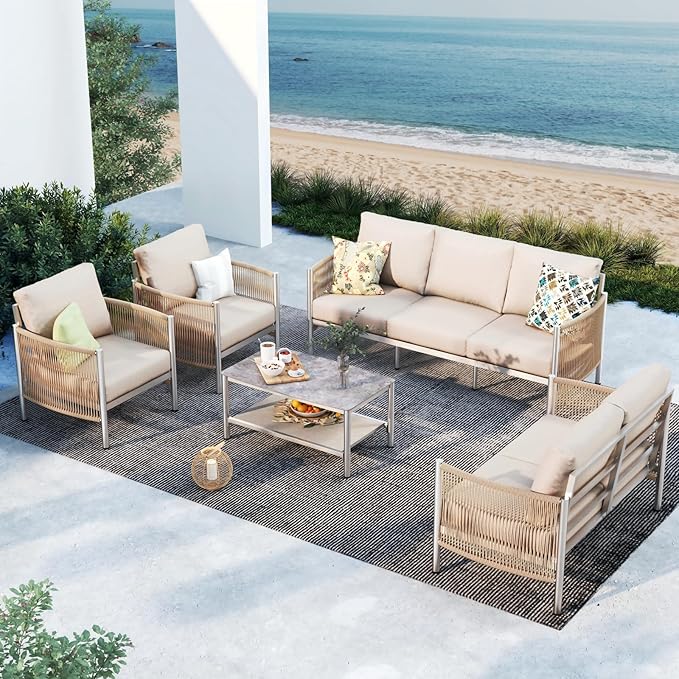 Aluminum Outdoor Patio Furniture Set with Dual-Layer Coffee Table, 5 Piece Modern Patio Conversation Sets with PE Rope, Outdoor Sectional Sofa with Thick Cushions for Balcony, Deck, Beige