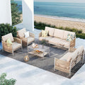 Aluminum Outdoor Patio Furniture Set with Dual-Layer Coffee Table, 5 Piece Modern Patio Conversation Sets with PE Rope, Outdoor Sectional Sofa with Thick Cushions for Balcony, Deck, Beige