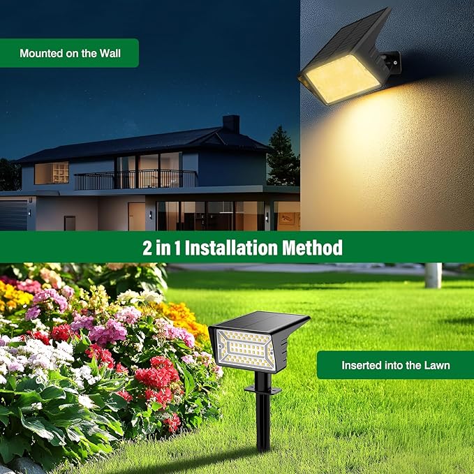 Solar Spot Lights Outdoor with 60 LED & Auto On/Off, 6 Pack Solar Lights Outdoor Waterproof IP68 with 3 Lighting Modes, 2-in-1 Solars Landscape Light for Outside, Garden, Yard(Warm White)