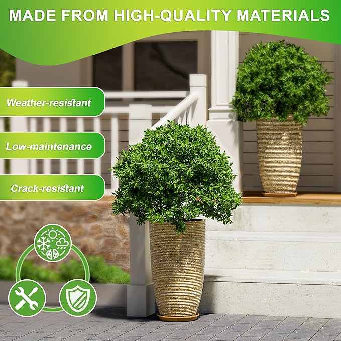 QCQHDU Set of 2 9 Gallon Tall Large planters for Outdoor/Indoor Plants of 12" Dia x 21" H Round Flower Pots Set Faux Stone Finish Front Door Patio Square Porch Planters with Tray, Beige