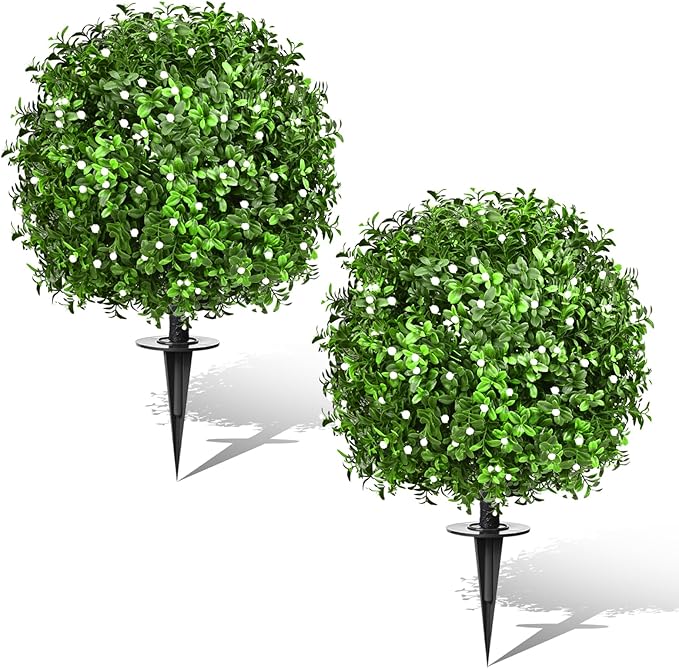 Artificial Topiary Bushes for Outdoors with Spike, Boxwood Ball Fake Shrubs UV Resistant Faux Plants for Indoor Outdoor Fall Thanksgiving Halloween Decor (Gypsophila Boxwood White-2 Packs)