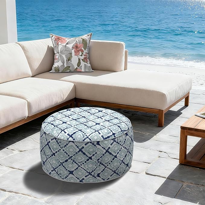 LVTXIII Outdoor Inflatable Ottoman, Fade-Resistant Round Footrest Stool D31”x H14”, Portable Patio Pouf for Garden Camping or Home Use, Boho Geometry Blue