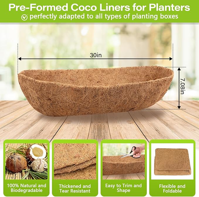 Legigo 4 Pack Trough Coco Liner for Planters- 30 Inch Window Box Liners Coconut Coir Basket Liners, Planter Box Coconut Liner for Window Flower Box Pots, Fence Trough Planter, Wall Planter Basket