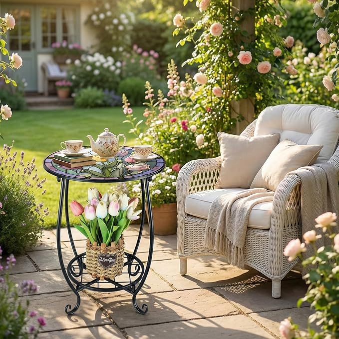 Outdoor Side Table Round Small Mosaic Patio Accent Indoor End Plant Coffee Tea Table for Yard Patio Porch Garden Living Room, Bedroom(Tulip Style,14 Inch)