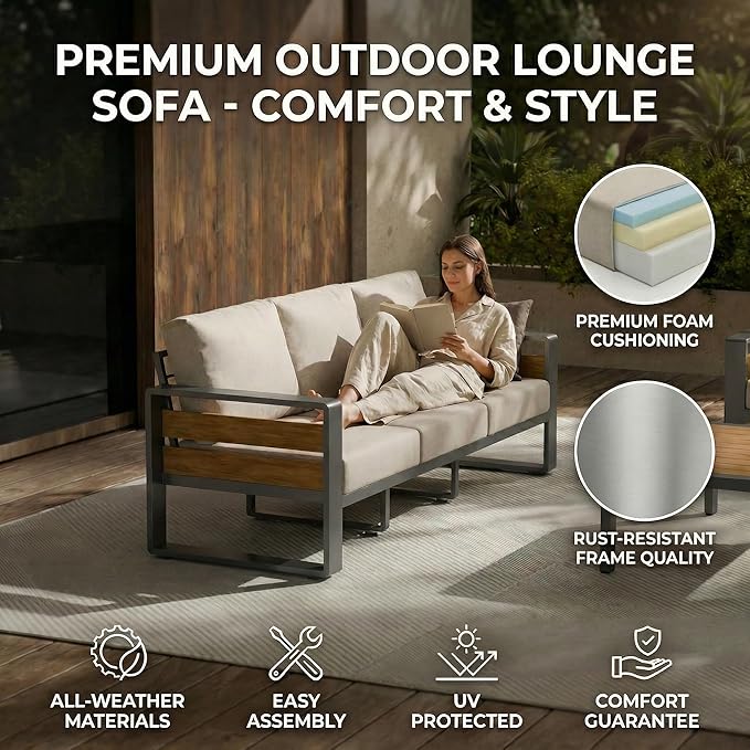 ZANDOR Outdoor Patio Conversation Sets, 4-Piece Aluminum Metal Outside Sectional Lawn Furniture with Coffee Table & Washable Thick Cushions,Seating Sofa for Garden/Backyard/Porch, Grey