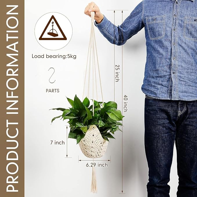 Shappy 1 Pack Jute Crochet Long Plant Hanger for 3 Inch to 12 Inch Pots, Macrame Plant Holder Rope with S Shaped Hooks for Halloween Home Decor (White)