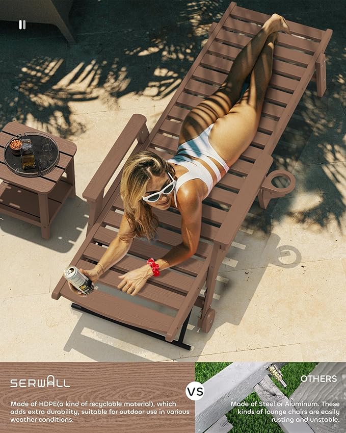 SERWALL Patio Chaise Lounge Chair, 78'' Long HDPE 5 Positions Adjustable Poly Lounge Chair with Rolling Wheels & Cup Holder for Pool, Brown