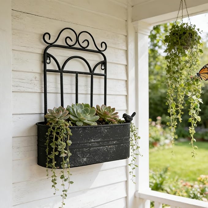 Rustic Metal Wall Planter Vintage Wall Mounted Flower Pot Distressed Wall Hanging Plant Basket Farmhouse Wall Decor for Indoor Outdoor Garden Home Yard (Black)