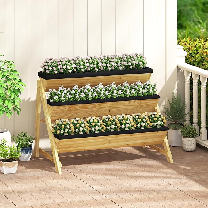 Giantex 3-Tier Vertical Raised Garden Bed, Wood Elevated Planter Box with Legs, Storage Shelf, Liners for Growing Vegetables Herbs Flowers, Indoor Outdoor Freestanding Raised Bed for Patio (Natural)