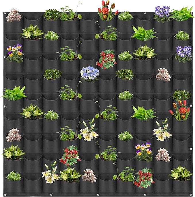 Hanging Planting Grow Bags, 90 Pockets Wall Planter Wall Mounted Grow Bag Outdoor Indoor Gardening Vertical Greening Flower Container, Planting Bags Storage Bags(1.1 m × 1.1 m, Black)