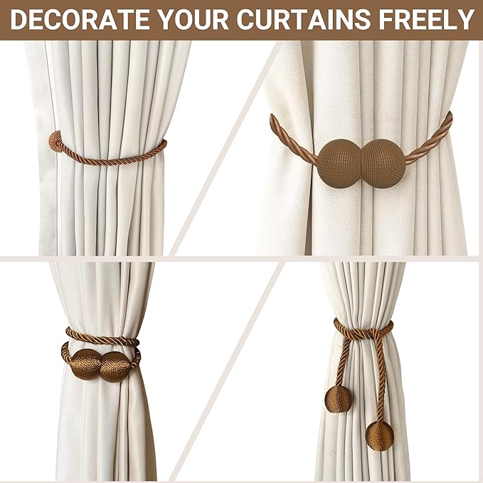 Hion Magnetic Curtain Tiebacks Dark Brown 4 Pack, Curtain Tiebacks Buckles Holdbacks Holders Hooks Clip for Home Bedroom Office Decorative Thick or Thin Curtain