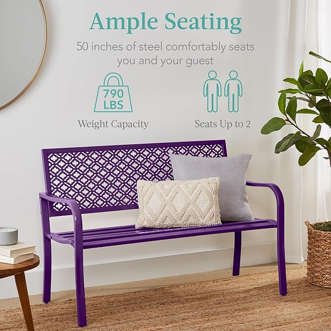 Best Choice Products Outdoor Bench 2-Person Metal Steel Benches Furniture for Garden, Patio, Porch, Entryway w/Geometric Backrest, 790lb Capacity - Dark Purple