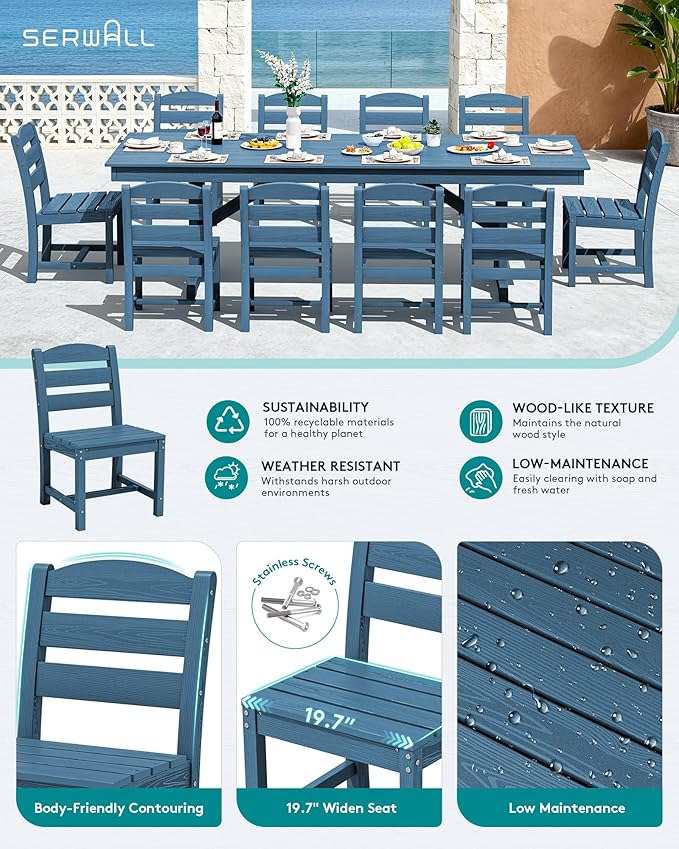 SERWALL 11 Piece Outdoor Dining Set, 84" HDPE Outdoor Table and Chairs for 10，All Weather Patio Furniture Set with Umbrella Hole for Backyard, Garden, Blue