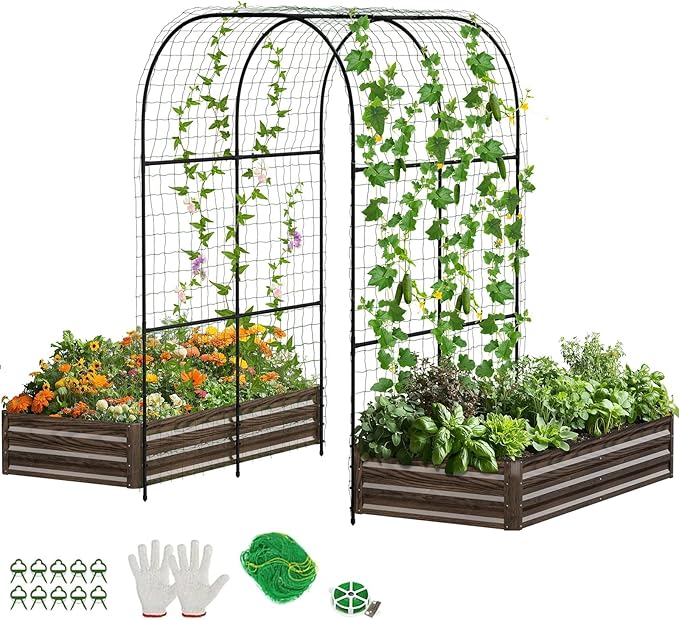 DoCred 3 in 1 Raised Garden Bed with 87in Tall Arch Trellis for Climbing Plants, Galvanized Planter Garden Box Outdoor for Gardening, Climbing Vegetables, Flower