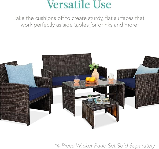 Best Choice Products Set of 2 Wicker Ottomans, Multipurpose Outdoor Furniture for Patio, Backyard, Additional Seating, Footrest, Side Table w/Removable Cushions, Steel Frame - Navy/Brown