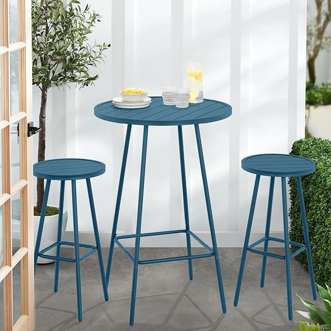 Best Choice Products 3-Piece Patio Dining Set, Bar Height, Outdoor Bistro Set, Outdoor Round Bar Table w/ 2 Bar Stools, Steel - Peacock Blue