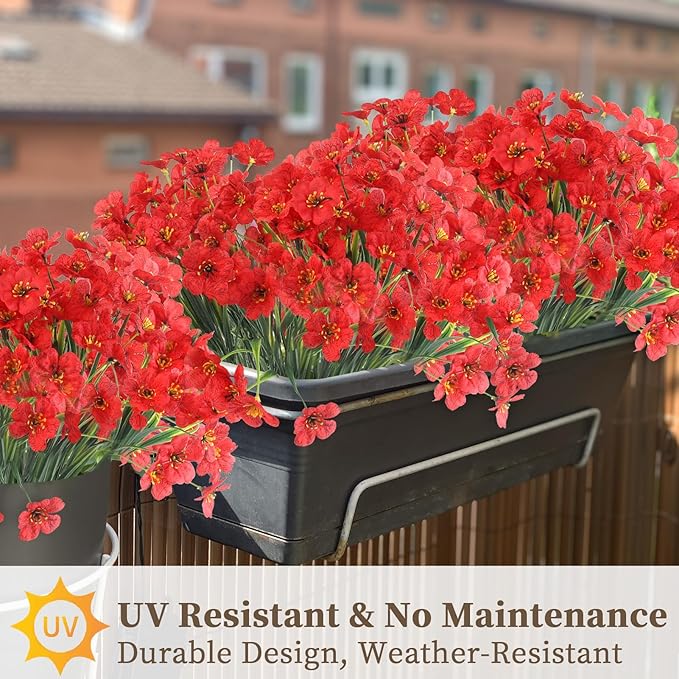 24 Red Bundles Artificial Flowers for Outdoors/Indoors Fake Flowers Plants for Indoor Outside Garden Porch Window Box Home Wedding Farmhouse