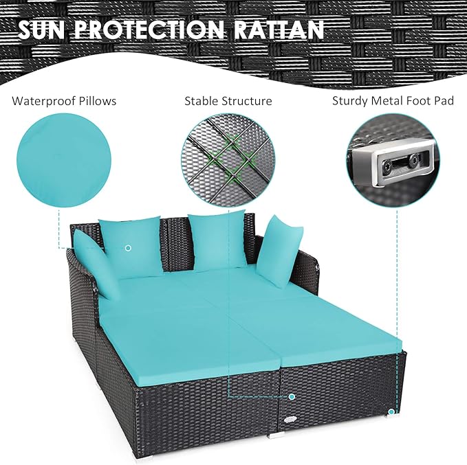 Tangkula Outdoor Rattan Daybed, Sunbed Wicker Furniture w/Spacious Seat, Upholstered Cushion & High-Resilience Sponge, Wicker Patio Sofa Set w/Extra Pillows for Courtyard Poolside(Turquoise)