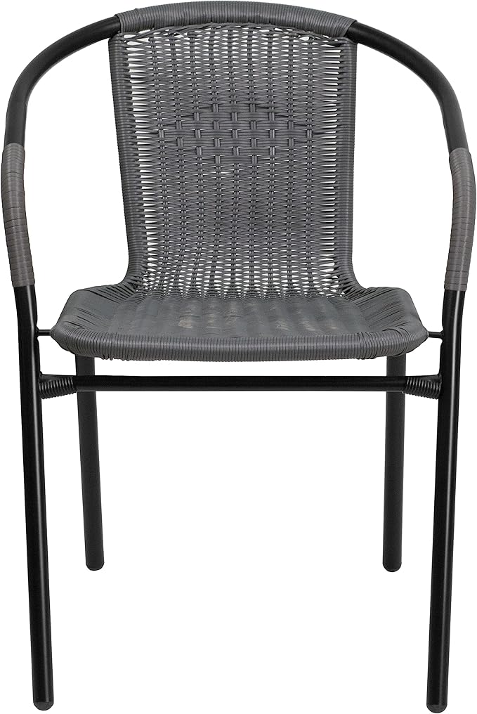 EMMA + OLIVER Set of 4 Modern Rattan Indoor/Outdoor Stack Chairs, Stacking Rattan Patio Chairs with Curved Back and Cross Bracing, Gray