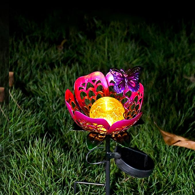 Solar Lights Outdoor Garden Decor,LED Lotus Flower Lamp, Metal Tulip & Butterfly Decoration Solar Lawn Lamp for Courtyard, Garden Gifts for Women (Purple)
