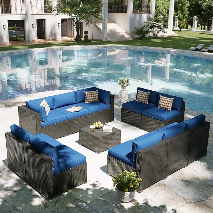 Aoxun Patio Furniture Set, 11 Piece Outdoor Sectional Sofas with Waterproof Cover, 10 Seats Wicker Rattan Outdoor Furniture Patio Conversation Set for Backyard, Garden Navy Blue