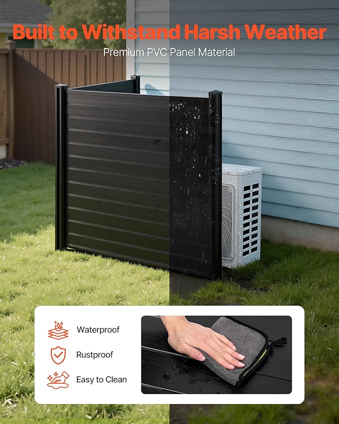 VEVOR 2 Panels Outdoor Privacy Screen, 48 x 48 in Air Conditioner Fence with 27.6 in Ground Stakes, Pool Equipment Enclosure, Horizontal Vinyl Privacy Fence, Ideal for Trash Can and A/C Units, Black