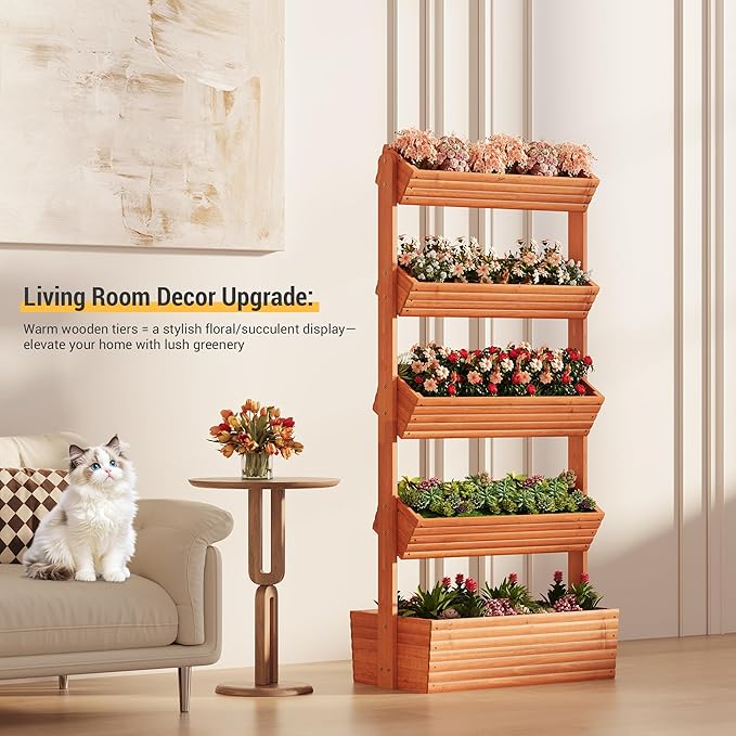 Vertical Wooden Raised Garden Bed Planters Wood Planter Kit Plant Stand Flower Rack Planter Box Gardening for Plants Herbs Flowers Vegetables Outdoor Indoor Freestanding (Orange 5-Tier)