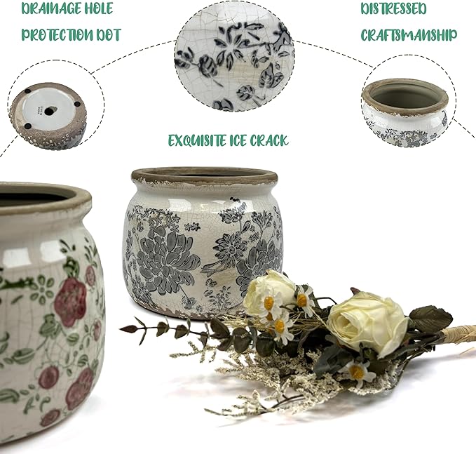 Flower Pot,Vintage Gray Ceramic Pot for Planter with Drainage Holes, 6.29 inch Ice Crack Glazed Small Rustic Planters Pot for Indoor,Tucan Home Decor,Gardening Gifts