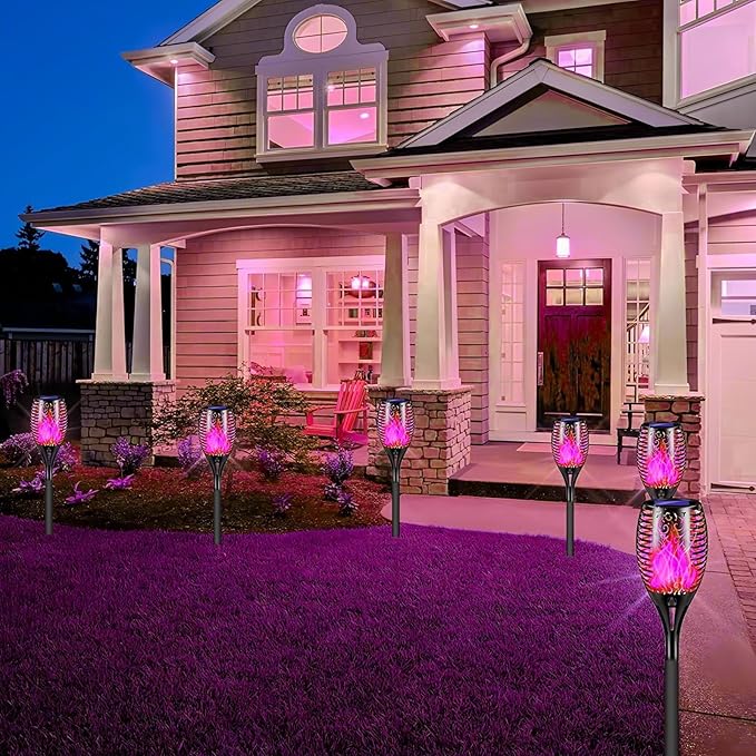 4 Pack Outdoor Solar Flame Light,Solar Lights Outdoor for Garden Decorations with Flickering Flame,IP65 Waterproof Solar Powered Yard Lights Torch Light for Lawn Patio Pathway (Purple)