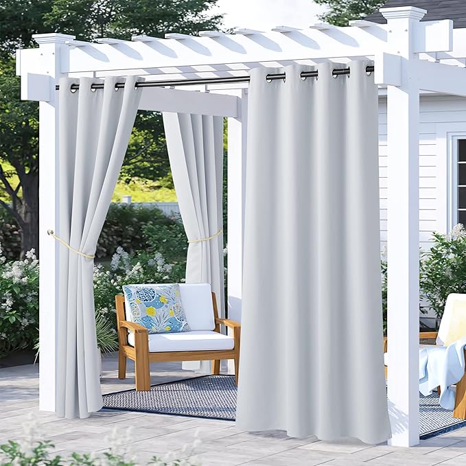 NICETOWN 2 Panels Greyish White Outdoor Curtains for Patio Waterproof, Rustproof Stainless Steel Grommet Room Darkening Thermal Insulated Vertical Drapes for Pergola & Canvas, W52 x L72