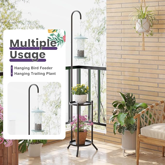 2-Tier Metal Plant Stand with Hanging Hook, Indoor Outdoor Plant Shelf,Heavy Duty Plant holder Rustproof Iron Multiple Plant Round Supports Rack for Planter Corner Garden Balcony Patio (Black)