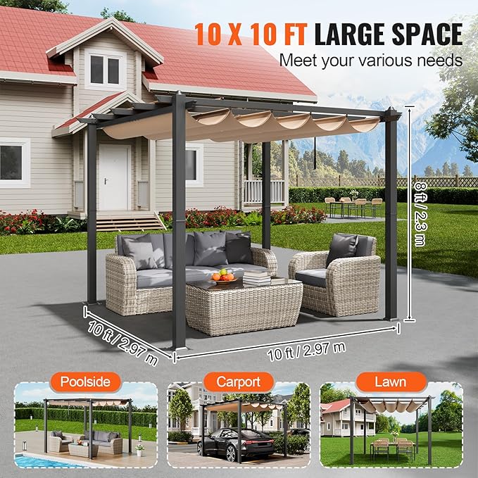 VEVOR 10'x10' Outdoor Retractable Pergola with Canopy, Aluminum Pergola with Retractable Canopy, Modern Style, Sun Shade for Patios, Gardens, Decks, Backyards (Beige)