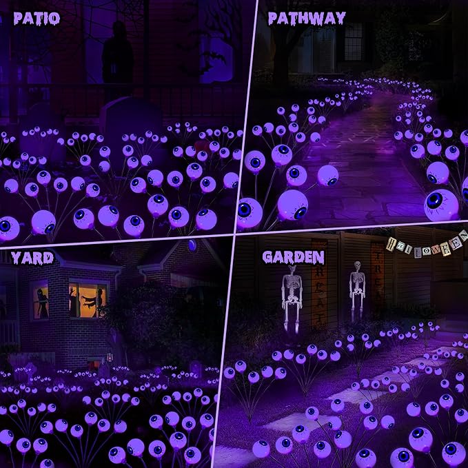 BrizLabs Halloween Eyeball Lights, 2 Pack 12 LED Solar Halloween Lights, 2 Modes Outdoor Spooky Walkway Light, Purple Swinging Firefly Light, Outside Purple Pathway Lighting for Yard Garden Lawn Party