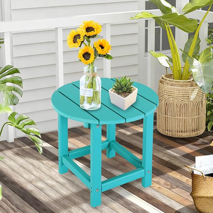 LZRS Round Adirondack Patio Side Table End Table, Outdoor Side Tables for Patio, Backyard,Pool, Indoor Companion, Easy Maintenance & Weather Resistant(Turquoise)