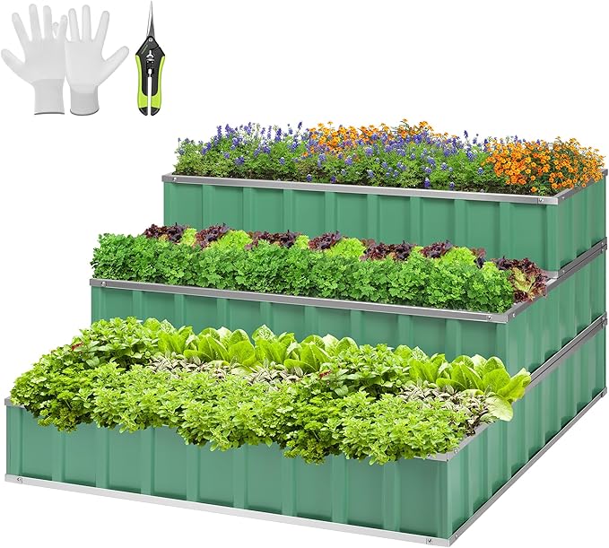 VIVOSUN 3-Tier Metal Raised Garden Bed, 46" x 46" x 24" Galvanized Steel Metal Outdoor Planter Box with Gloves and Scissors to Grow Flowers, Vegetables and Herbs for Outdoor Gardening, Green