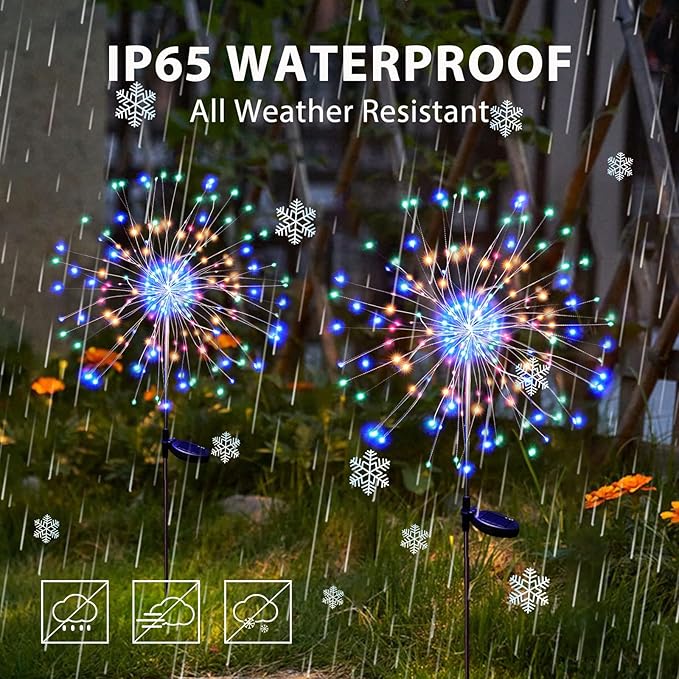 Solar Garden Lights for Outdoor Decor, Waterproof 2 Pack Solar Powered Firework Stake 120 LED Sparklers String Lights for Yard Pathway 4th of July Decorations(Colorful)
