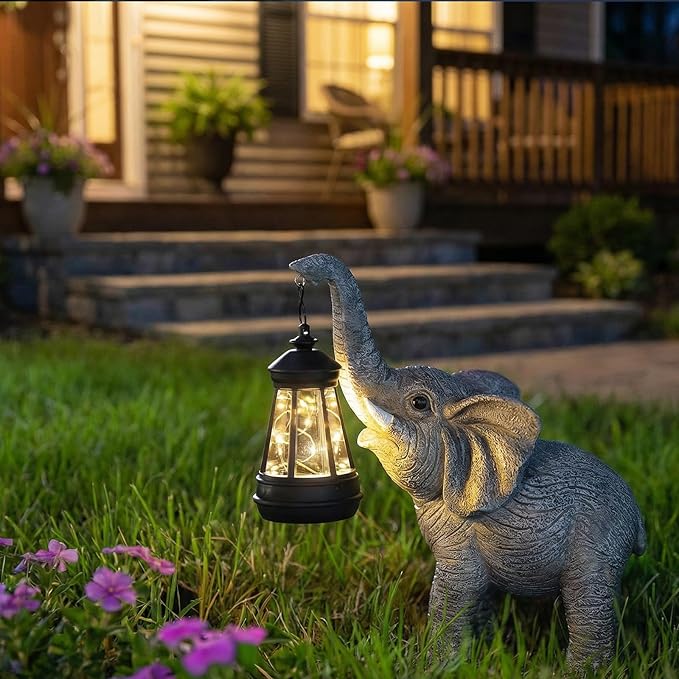 Solar Garden Statue Lights Elephants Figurine with Solar Lantern, Outdoor Yard Decorations for Patio Porch Home, Mothers Day Decorations Gift for Women - Unique Housewarming Gifts