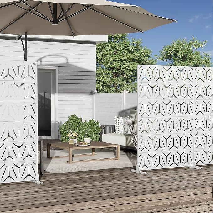Casaphoria Metal Privacy Screen Outdoor, 72" H x 47" W Freestanding Decorative Privacy Screen for Patio Deck Balcony Garden with Stable Base, White-Star
